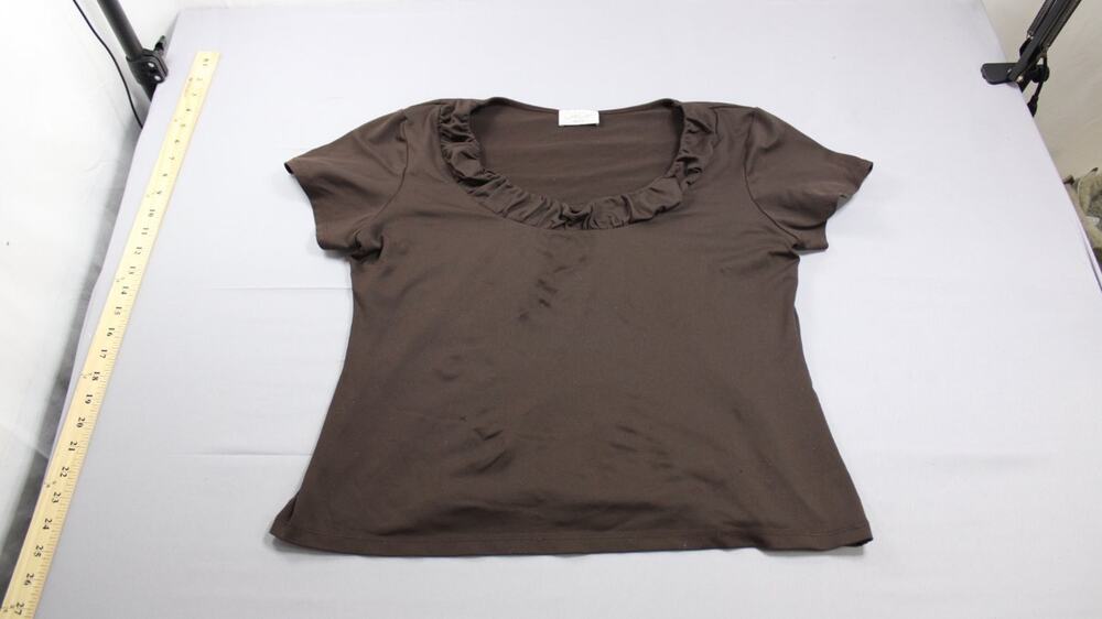 Jon Den T-Shirt Womens Brown Scoop Neck Short Sleeve Gathered sleeves